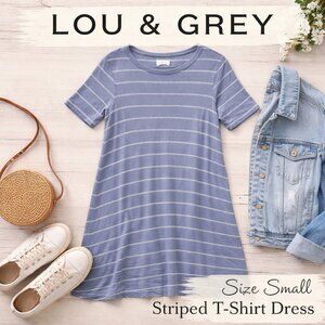 LOU & GREY Striped T-Shirt Short-Sleeve Size-Small Gray Dress